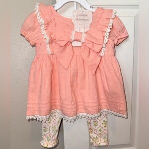 Catherine Malandrino Peach Top with Lace, Leggings and Hair Bow 🧡 NWT